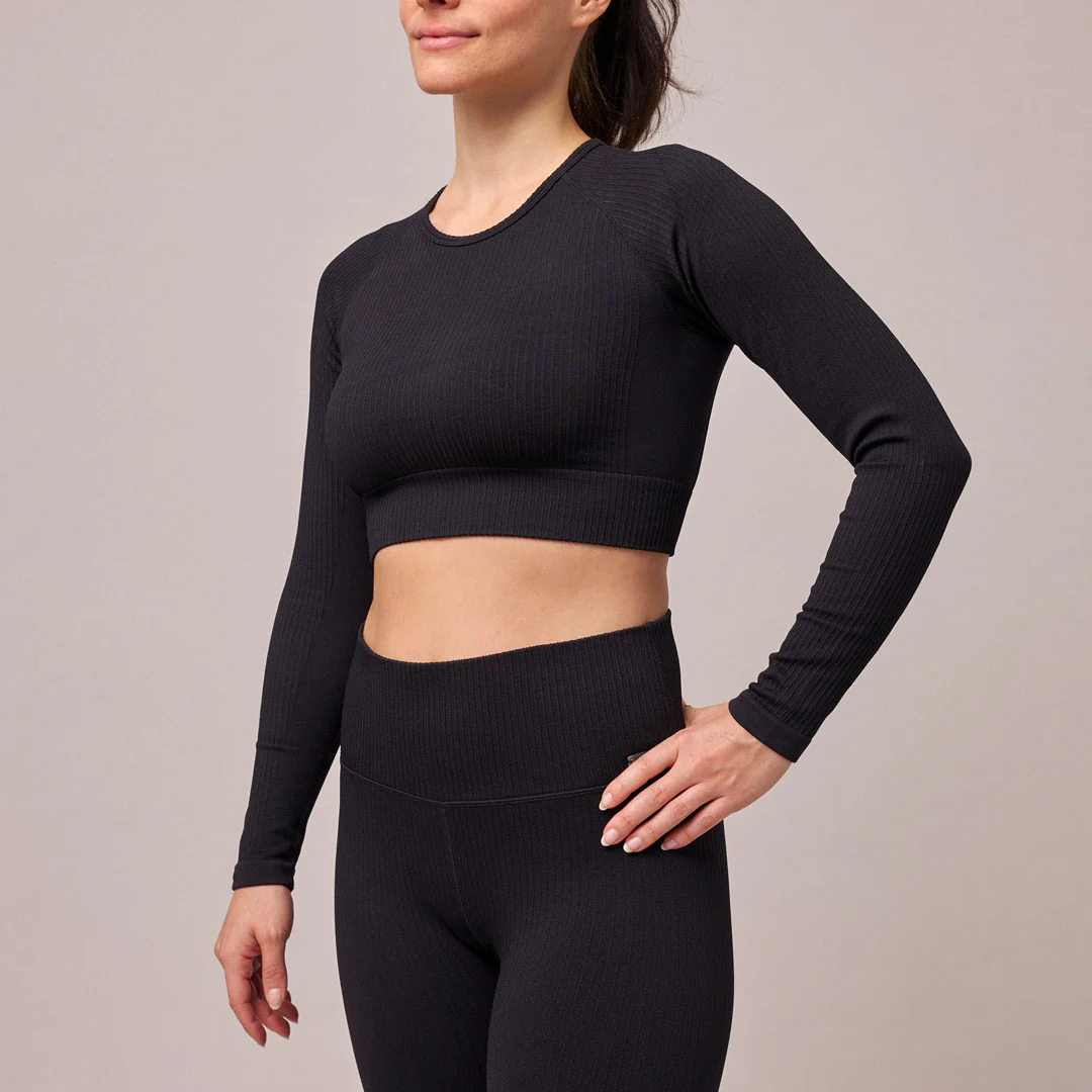Geripptes Sportshirt langarm Damen | Schwarz - Image 4